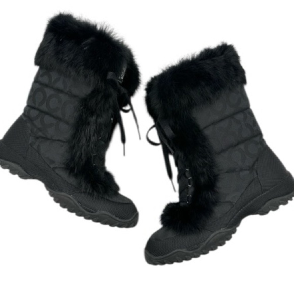 COACH Jennie Black Monogram Rabbit Fur Trim Lace Up Winter Snow Boots size 11 - Picture 10 of 15